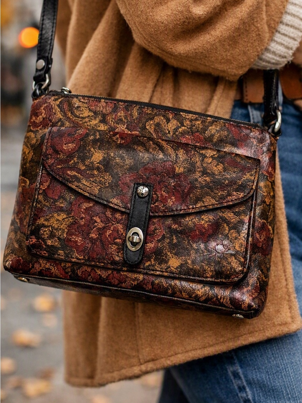 Patricia Nash Kenilworth Leather Crossbody Floral Brocade Pattern Fall Colours